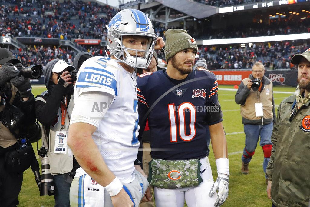 Charles Rex Arbogast Detroit Lions quarterback Jeff Driskel, left, and Chicago Bears quarterback Mitchell Trubisky (10) talk after an NFL football game in Chicago, Sunday, Nov. 10, 2019. (AP Photo/Charles Rex Arbogast)