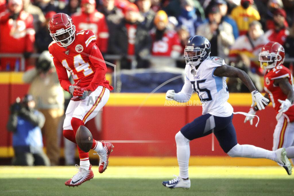 Charlie Riedel Kansas City Chiefs' Sammy Watkins (14) can't catch a pass during the first half of the NFL AFC Championship football game against the Tennessee Titans Sunday, Jan. 19, 2020, in Kansas City, MO. (AP Photo/Charlie Riedel)