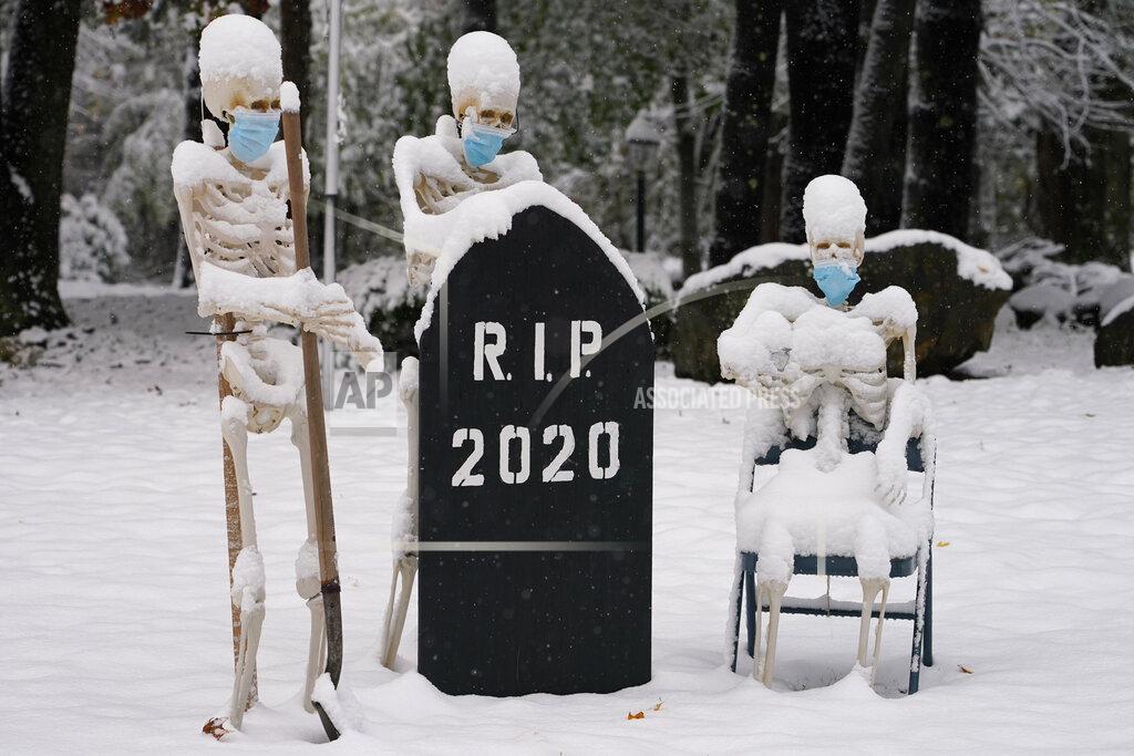 Elise Amendola Snow falls on masked skeletons ready to bury the year 2020, Friday, Oct. 30, 2020, on a lawn in North Andover, Mass. (AP Photo/Elise Amendola)