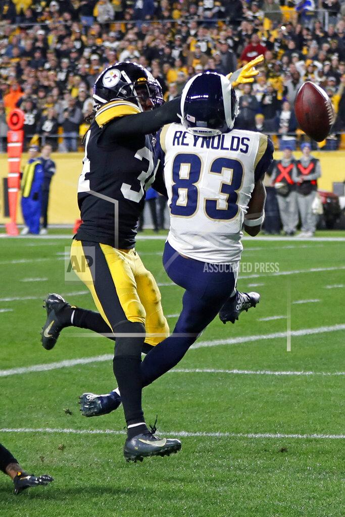 Keith Srakocic Pittsburgh Steelers strong safety Terrell Edmunds (34) breaks up a pass in the end zone intended for Los Angeles Rams wide receiver Josh Reynolds (83) during the second half of an NFL football game in Pittsburgh, Sunday, Nov. 10, 2019. (AP Photo/Keith Srakocic)