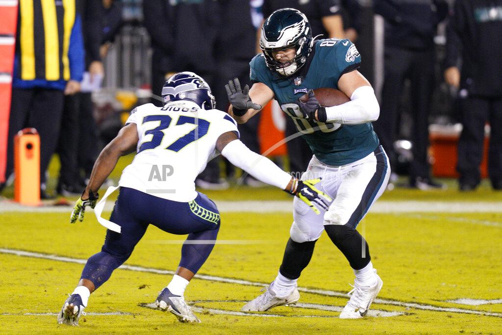 Chris Szagola Philadelphia Eagles' Dallas Goedert (88) tries to get past Seattle Seahawks' Quandre Diggs (37) during the second half of an NFL football game, Monday, Nov. 30, 2020, in Philadelphia. (AP Photo/Chris Szagola)