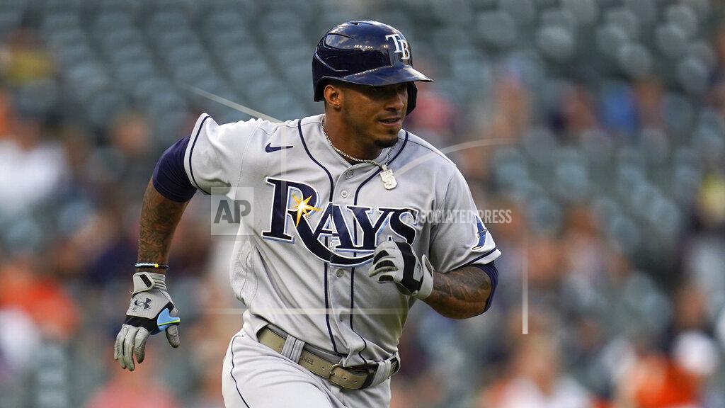 Paul Sancya Tampa Bay Rays' Wander Franco hits a single against the Detroit Tigers in the first inning of a baseball game in Detroit, Friday, Sept. 10, 2021. (AP Photo/Paul Sancya)