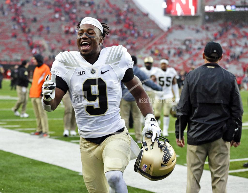 Nati Harnik FILE - In this Sept. 29, 2018, file photo, Purdue wide receiver Terry Wright (9) celebrates as he leaves the field following an NCAA college football game against Nebraska in Lincoln, Neb. Purdue won 42-28. The Purdue Boilermakers finally look like the team Jeff Brohm envisioned. They’re improving on defense, making big plays on offense and are chalking up wins.(AP Photo/Nati Harnik, File)