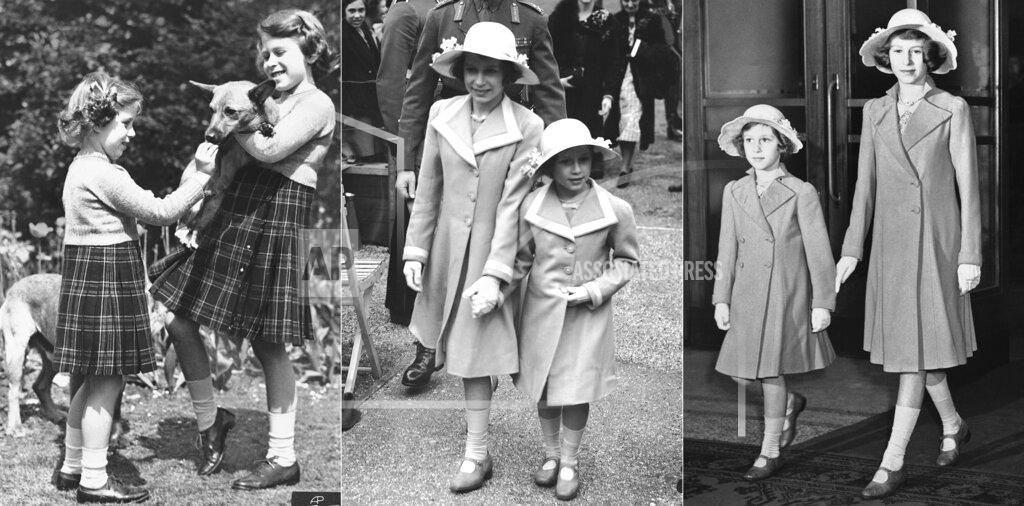 Uncredited This combination of photos shows, from left, Princess Margaret Rose feeding a biscuit to a Pembrokeshire Corgi held by Princess Elizabeth on July 5, 1936, Princess Elizabeth and Princess Margaret Rose on June 7, 1938, and Princess Margaret Rose and Princess Elizabeth at the International Horse Show in London on June 21, 1939. The princesses often dressed alike as children and into their teens. (AP Photo)