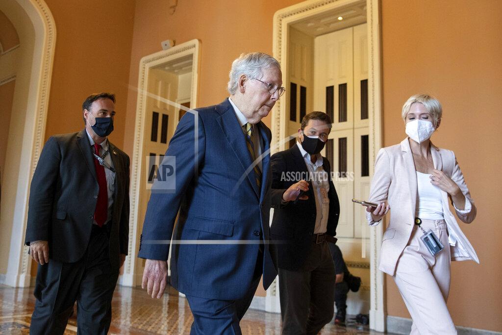 Amanda Andrade-Rhoades Senate Minority Leader Mitch McConnell, R-Ky., speaks to reporters amid continuing talks around the $1 trillion bipartisan infrastructure bill on Capitol Hill in Washington, Tuesday, Aug. 3, 2021. (AP Photo/Amanda Andrade-Rhoades)