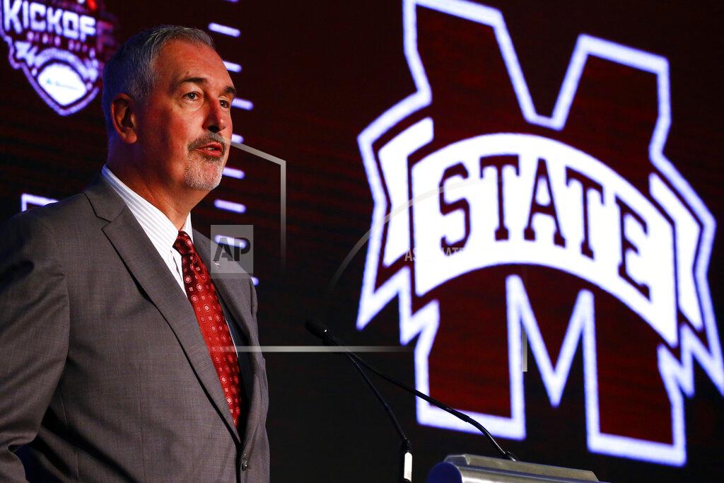 Mississippi State head coach Joe Moorhead speaks during the NCAA college football Southeastern Conference Media Days, Wednesday, July 17, 2019, in Hoover, Ala. (AP Photo/Butch Dill)