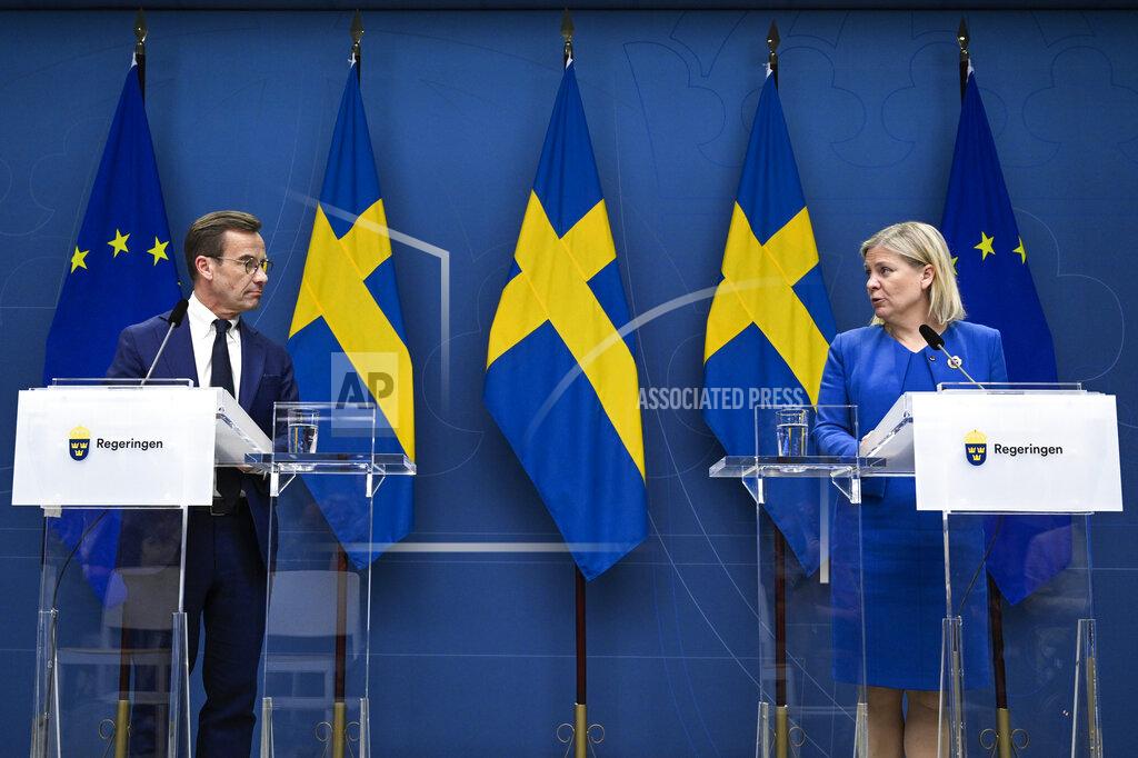 Henrik Montgomery/Tt Sweden's Prime Minister Magdalena Andersson, right, and the Moderate Party's leader Ulf Kristersson give a news conference in Stockholm, Sweden, Monday, May 16, 2022. Sweden's government has decided to apply for a NATO membership. (Henrik Montgomery/TT News Agency via AP)