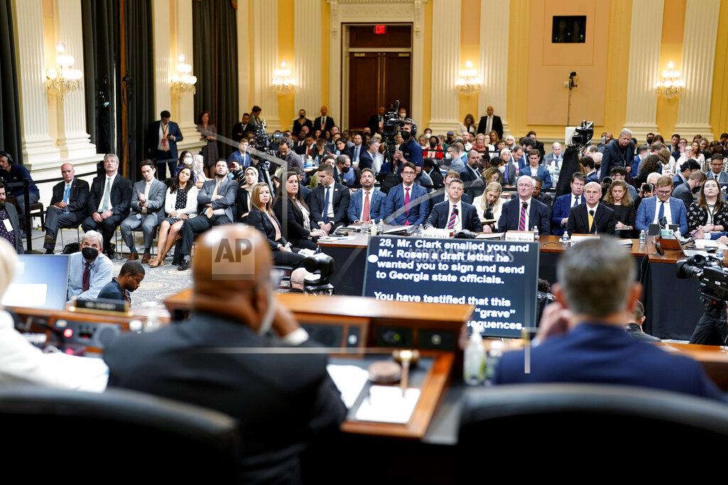 Doug Mills Seated from left, former Assistant U.S. Attorney General for the Office of Legal Counsel Steven Engel, former Acting U.S. Attorney General Jeffrey Rosen and former Acting U.S. Deputy Attorney General Richard Donoghue, testify as the House select committee investigating the Jan. 6 attack on the U.S. Capitol continues, Friday, June 23, 2022, at the Capitol in Washington. ( Doug Mills/The New York Times via AP, Pool)