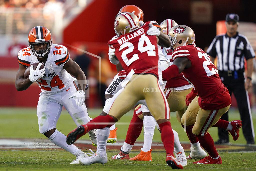 Tony Avelar Cleveland Browns running back Nick Chubb, left, runs against the San Francisco 49ers during the first half of an NFL football game in Santa Clara, Calif., Monday, Oct. 7, 2019. (AP Photo/Tony Avelar)