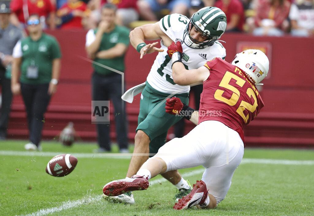 Justin Hayworth Iowa State defensive end Joey Petersen (52) forces Ohio quarterback Parker Navarro (13) to fumble the ball during the second half of an NCAA college football game, Saturday, Sept. 17, 2022, in Ames, Iowa. Iowa State won 43-10. (AP Photo/Justin Hayworth)