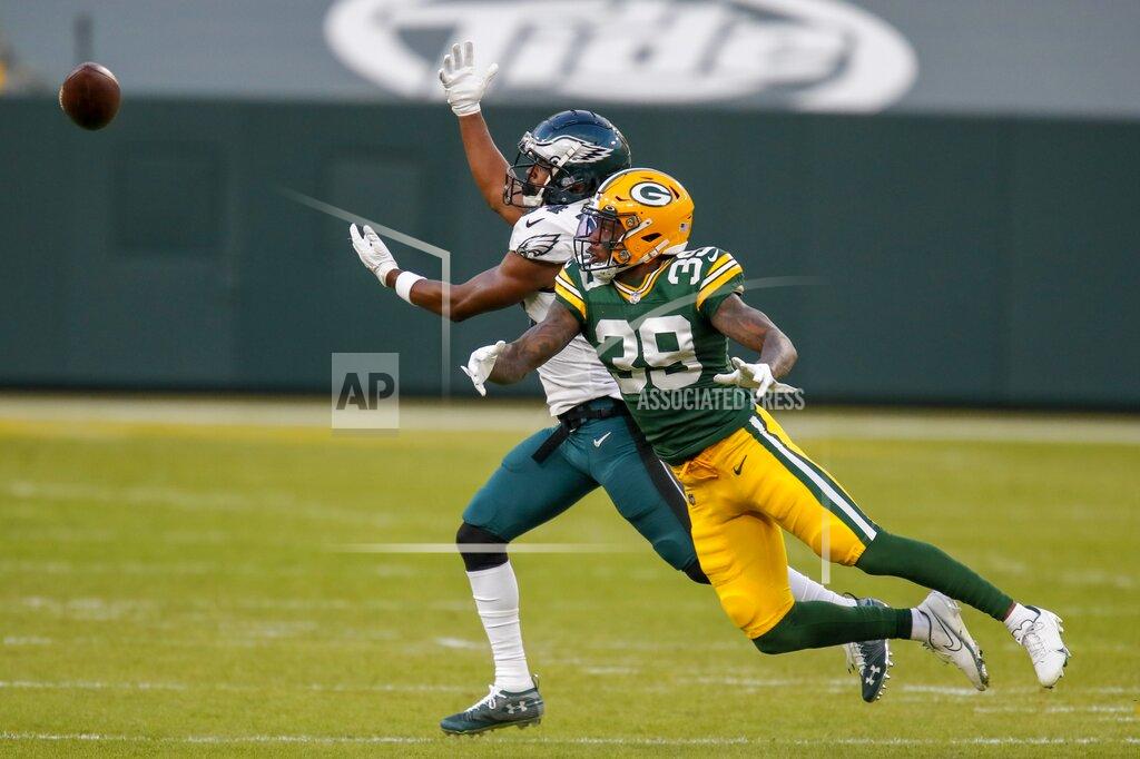 Matt Ludtke Philadelphia Eagles' Greg Ward can't catch a pass with Green Bay Packers' Chandon Sullivan defending during the first half of an NFL football game Sunday, Dec. 6, 2020, in Green Bay, Wis. (AP Photo/Matt Ludtke)