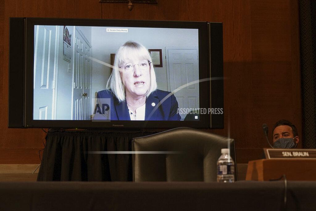Greg Nash Sen. Patty Murray, D-Wash., gives an opening statement during a Senate Health, Education, Labor and Pensions Committee hearing to discuss vaccines and protecting public health during the coronavirus pandemic on Capitol Hill, Wednesday, Sept. 9, 2020, in Washington. (Greg Nash/Pool via AP)