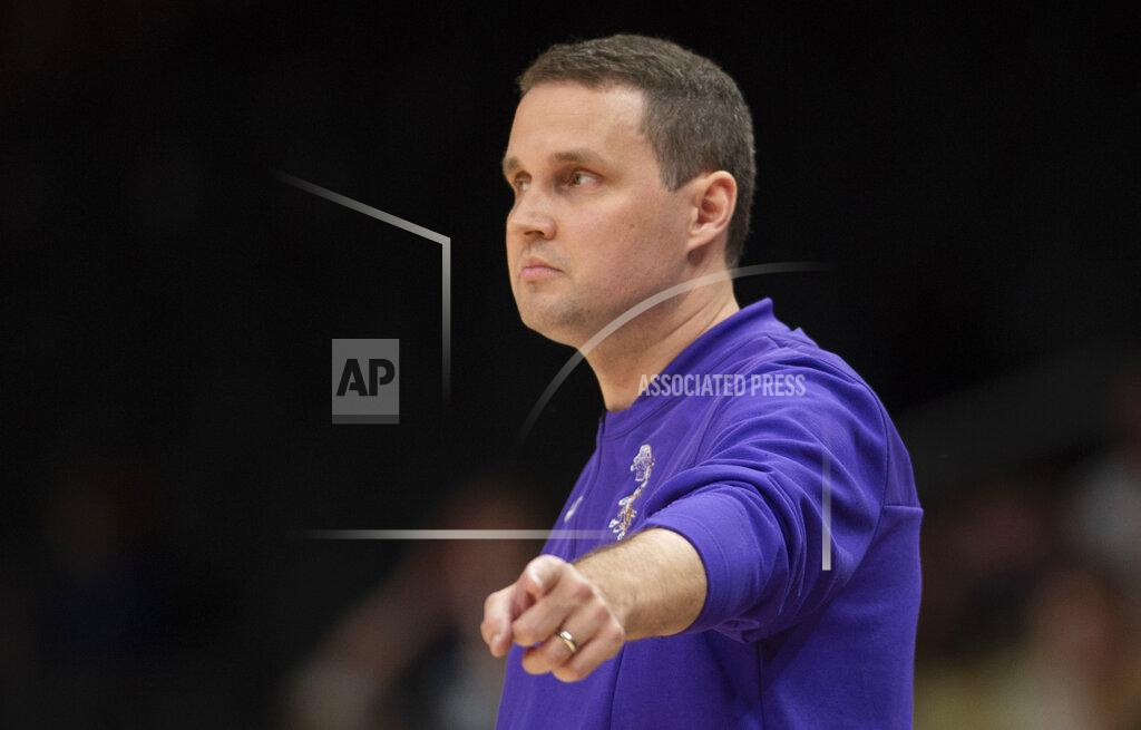 Hakim Wright Sr. LSU head coach Will Wade points during the first half of the team's NCAA college basketball game against Georgia Tech on Saturday, Dec. 11, 2021, in Atlanta. (AP Photo/Hakim Wright Sr.)