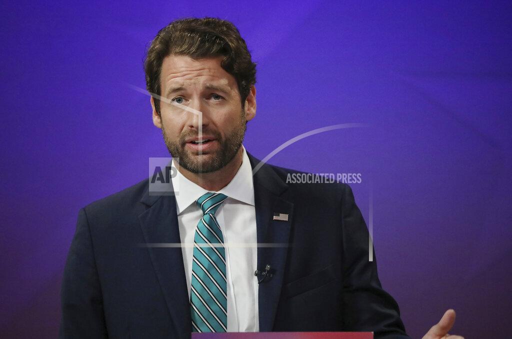 Grace Beahm Alford Democratic U.S. Rep. Joe Cunningham debates Republican challenger and state Rep. Nancy Mace, Monday, Sept. 28, 2020, at the SCETV studios in Beaufort, S.C., in South Carolina's 1st Congressional District seat race. (Grace Beahm Alford/The Post And Courier via AP)