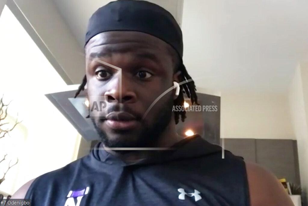 In this photo taken from video, Minnesota Vikings NFL football team defensive end Ifeadi Odenigbo talks on a conference call from his home in Chicago, Thursday, May 21, 2020. Odenigbo's progression from the practice squad accelerated last season with regular playing time and made an even bigger leap forward this spring when stalwart Everson Griffen did not re-sign with the team. (Dave Campbell via Zoom)