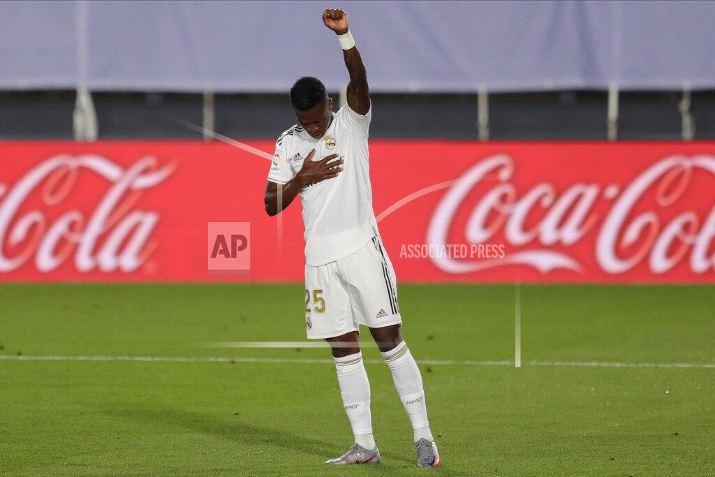 Bernat Armangue Real Madrid's Vinicius Junior celebrates after scoring the opening goal during the Spanish La Liga soccer match between Real Madrid and Mallorca at Alfredo di Stefano stadium in Madrid, Spain, Wednesday, June 24, 2020. (AP Photo/Bernat Armangue)
