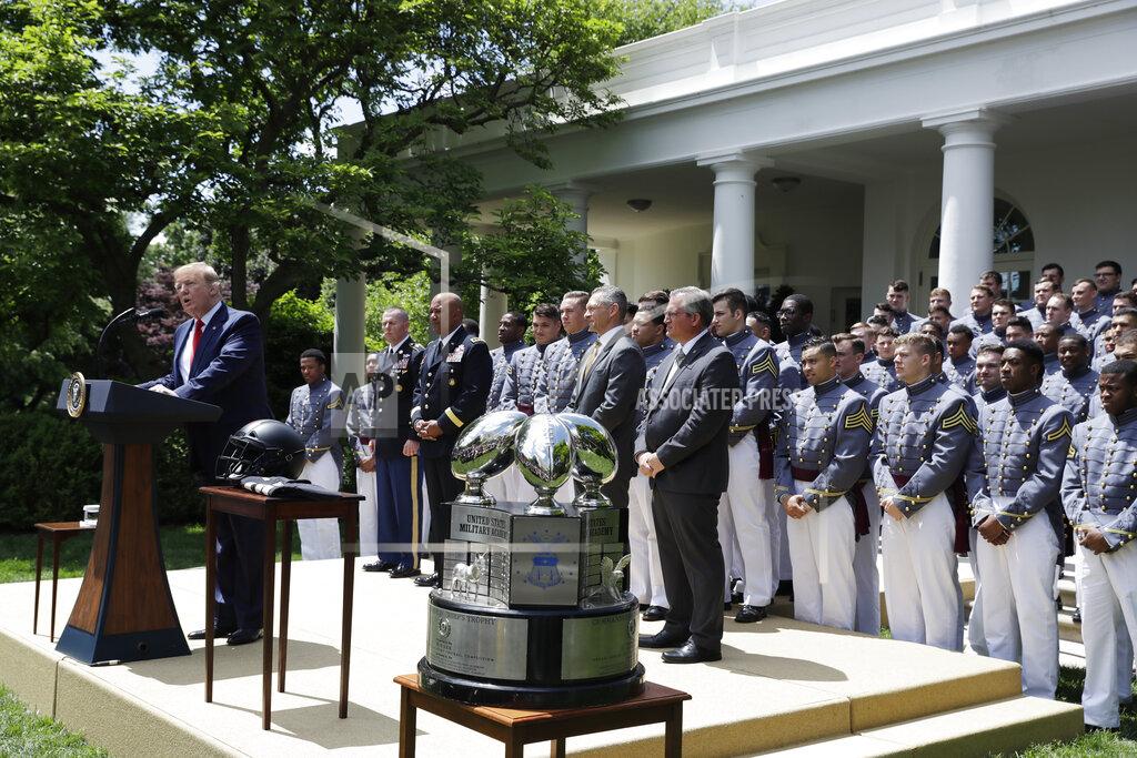 Evan Vucci President Donald Trump speaks during the presentation of the Commander-in-Chief's Trophy to the U.S. Military Academy at West Point football team, in the Rose Garden of the White House, Monday, May 6, 2019, in Washington. (AP Photo/Evan Vucci)