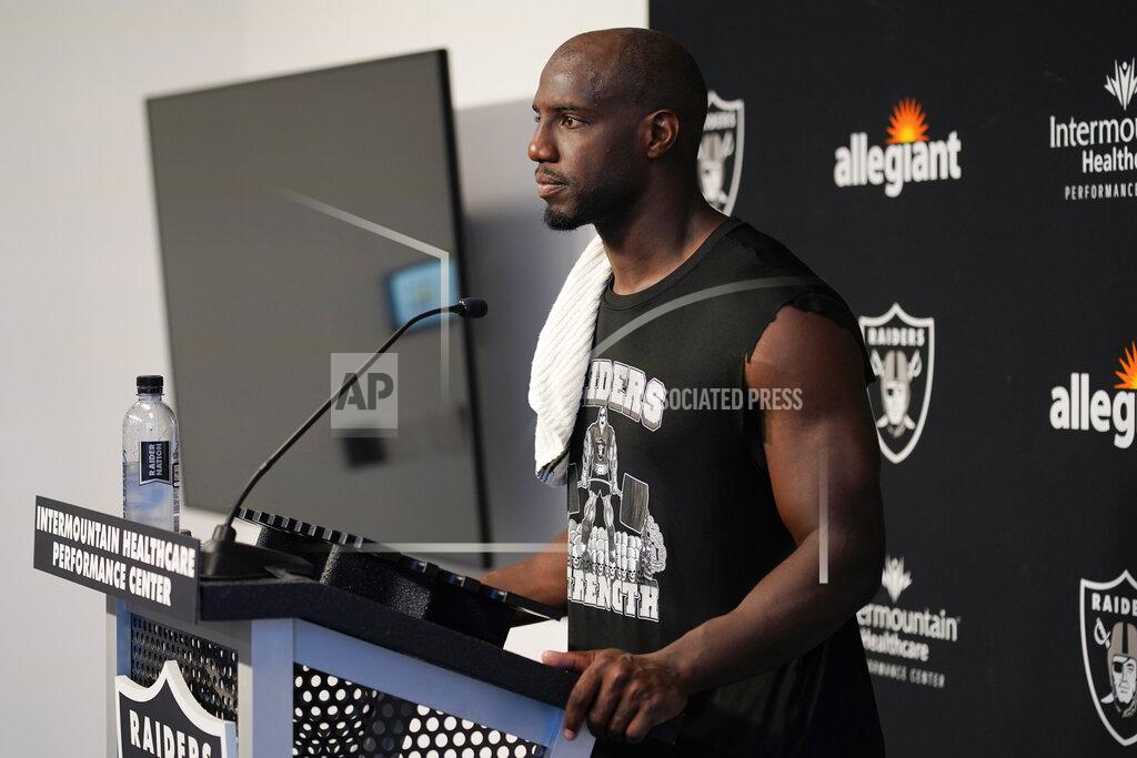 John Locher Las Vegas Raiders' Duron Harmon speaks at a news conference during NFL football training camp, Thursday, July 21, 2022, in Henderson, Nev. (AP Photo/John Locher)