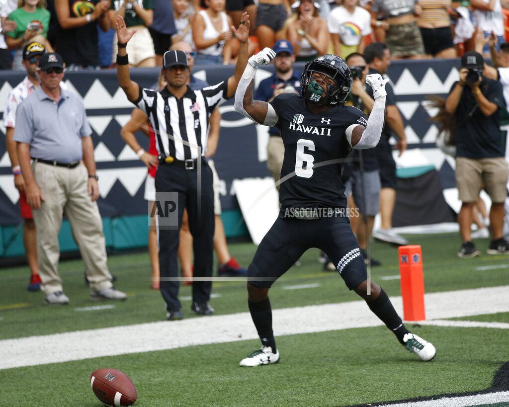 Marco Garcia Hawaii wide receiver Cedric Byrd II (6) celebrates his first-quarter touchdown against Arizona during an NCAA college football game Saturday, Aug. 24, 2019, in Honolulu. (AP Photo/Marco Garcia)