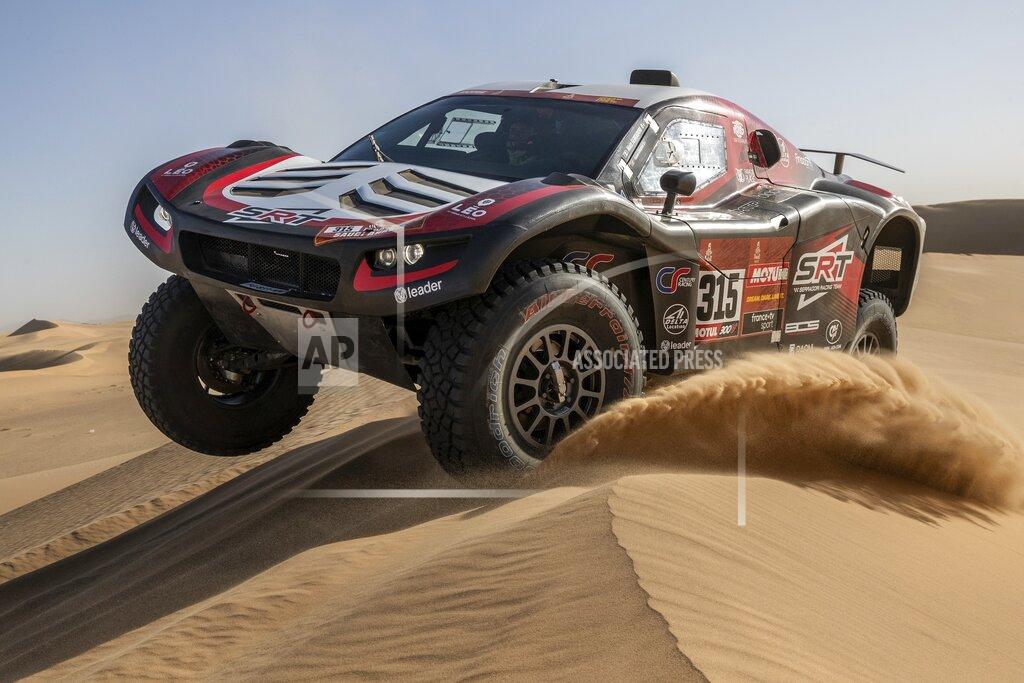 Bernat Armangue Driver Mathieu Serradori, of France, and co-driver Fabian Lurquin, of Belgium, race their Century during stage eight of the Dakar Rally in Wadi Al Dawasir, Saudi Arabia, Monday, Jan. 13, 2020. (AP Photo/Bernat Armangue)