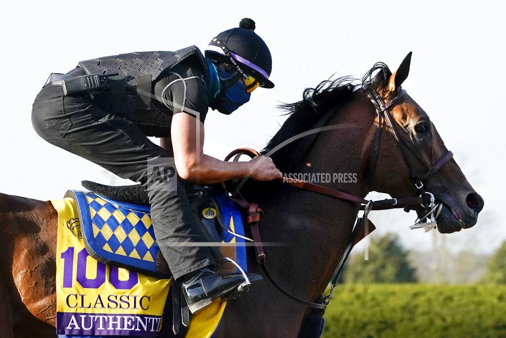 Mark Humphrey Kentucky Derby winner Authentic is taken for a workout at the Breeders' Cup World Championship horse races at Keeneland Race Course Thursday, Nov. 5, 2020, in Lexington, Ky. Authentic is scheduled to run in the Breeders' Cup Classic race Saturday. (AP Photo/Mark Humphrey)