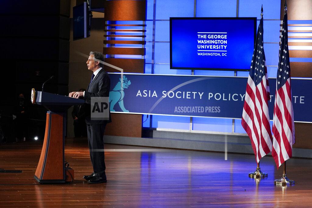 Carolyn Kaster Secretary of State Antony Blinken speaks at George Washington University in Washington, Thursday, May 26, 2022, outlining the administration's policy toward China at an event hosted by the Asia Society. (AP Photo/ Carolyn Kaster)