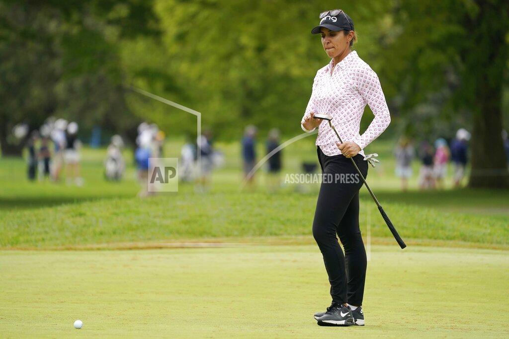 John Minchillo Paula Reto reacts after missing a putt on the first green during the third round of the LPGA Cognizant Founders Cup golf tournament, Saturday, May 14, 2022, at the Upper Montclair Country Club in Clifton, N.J. (AP Photo/John Minchillo)