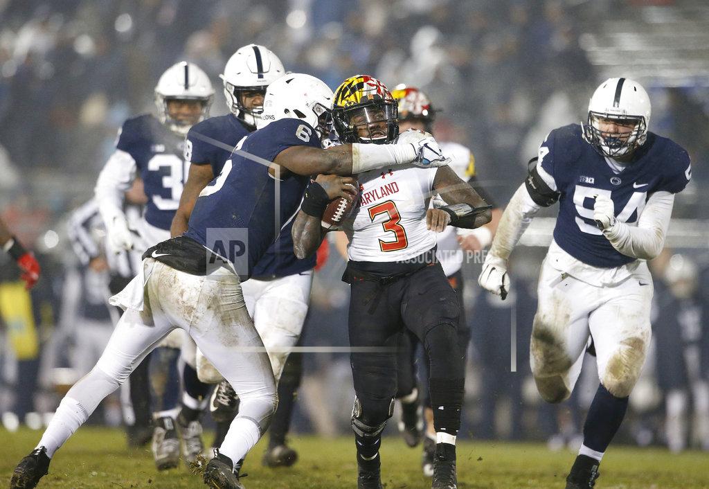 Chris Knight Penn State's Cam Brown (6) tackles Maryland quarterback Tyrrell Pigrome (3) during the second half of an NCAA college football game in State College, Pa., Saturday, Nov. 24, 2018. Penn State won 38-3. (AP Photo/Chris Knight)