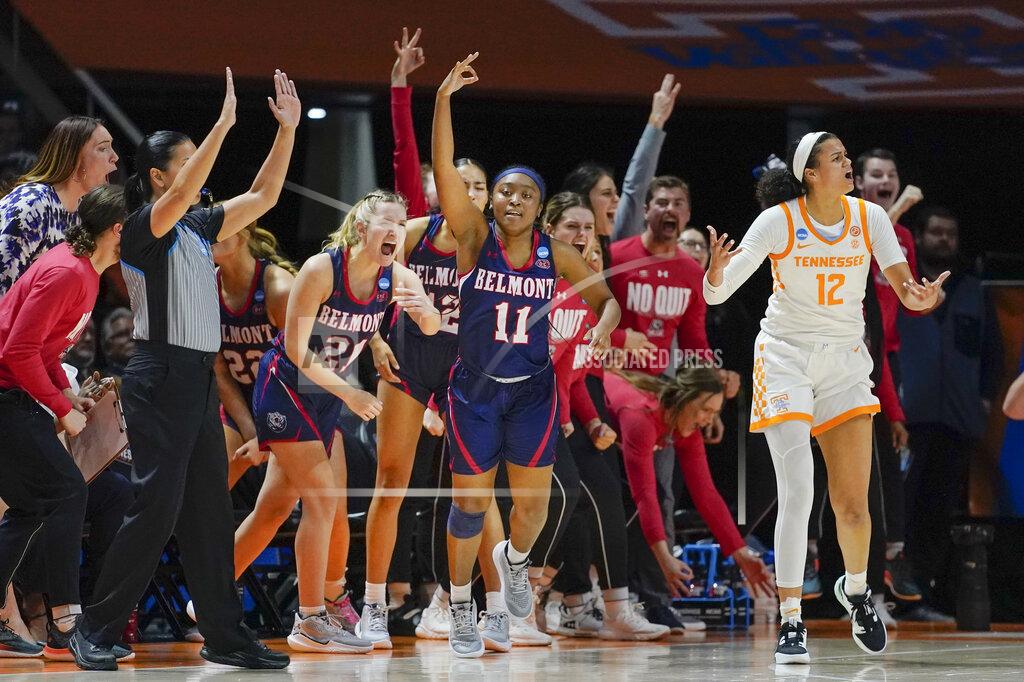 Mark Humphrey Belmont's Destinee Wells (11) celebrates after hitting a 3-point shot against Tennessee in the second half of a women's college basketball game in the second round of the NCAA tournament Monday, March 21, 2022, in Knoxville, Tenn. Tennessee won 70-67. (AP Photo/Mark Humphrey)