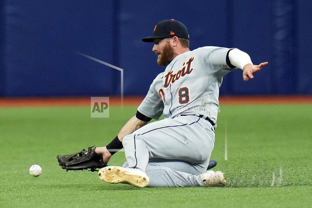 Chris O'MEara Detroit Tigers right fielder Robbie Grossman can't make the catch on an RBI single by Tampa Bay Rays' Ji-Man Choi during the seventh inning of a baseball game Wednesday, May 18, 2022, in St. Petersburg, Fla. Rays' Brett Phillips scored on the play. (AP Photo/Chris O'Meara)