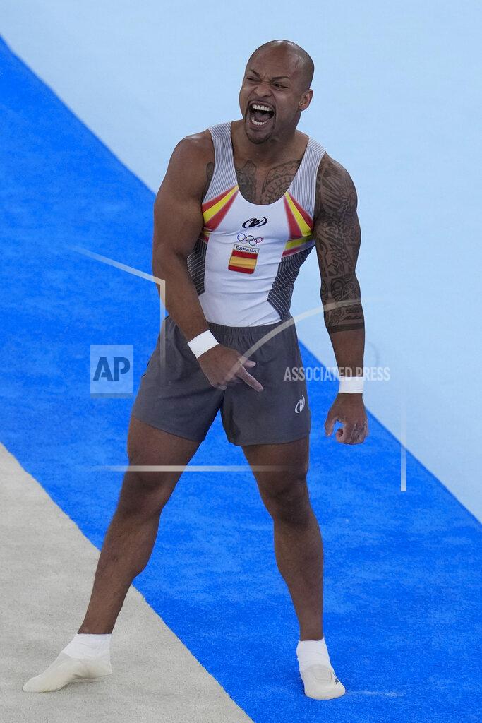 Gregory Bull Rayderley Zapata, of Spain, celebrates his performance on the floor exercise during the artistic gymnastics men's apparatus final at the 2020 Summer Olympics, Sunday, Aug. 1, 2021, in Tokyo, Japan. (AP Photo/Gregory Bull)