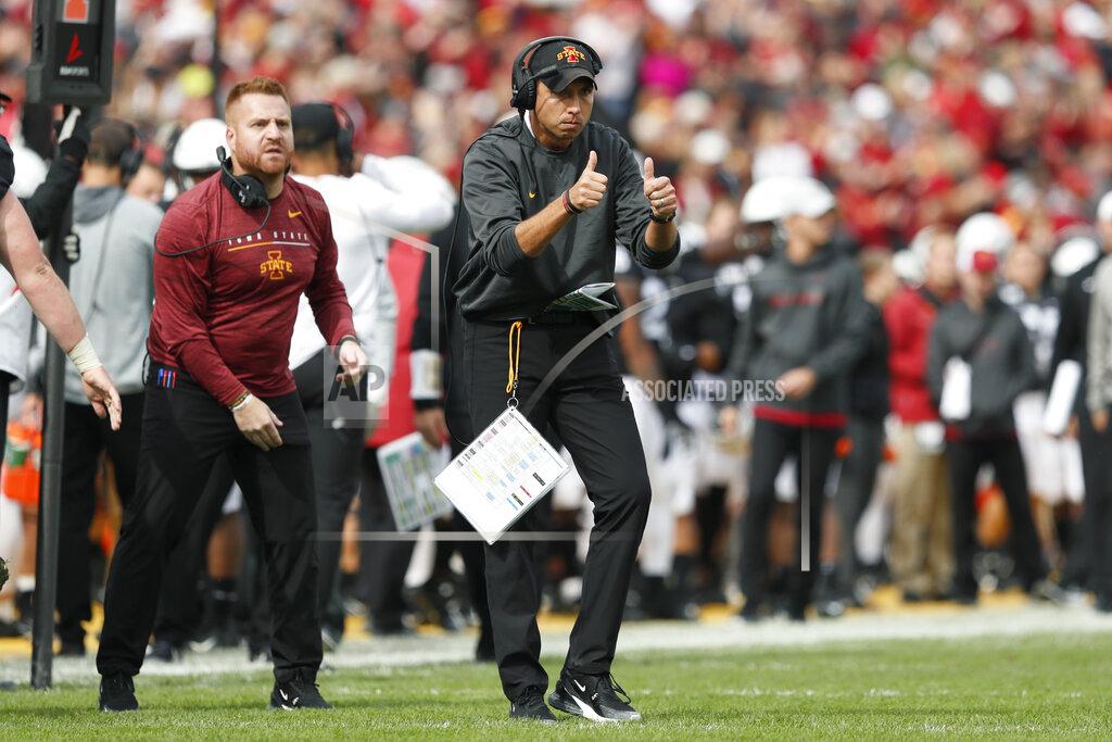 Charlie Neibergall Iowa State head coach Matt Campbell, center, reacts to his team during the first half of an NCAA college football game against TCU, Saturday, Oct. 5, 2019, in Ames, Iowa. (AP Photo/Charlie Neibergall)