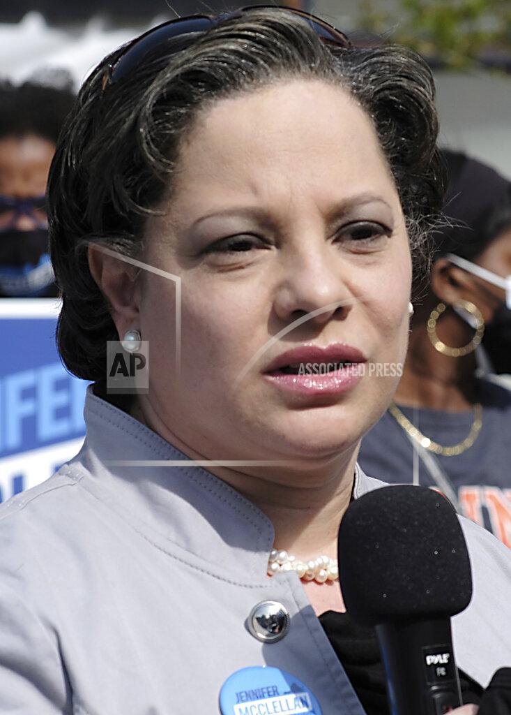 Bob Brown Sen. Jennifer McClellan, D-Richmond, speaks during a press conference she called to discuss her gubernatorial campaign beneath the Maggie L. Walker statue in Richmond, Va., Thursday, April 8, 2021. (Bob Brown/Richmond Times-Dispatch via AP)