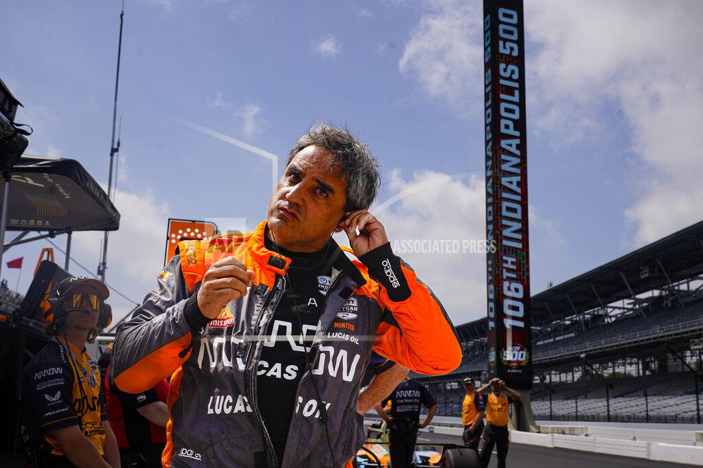 Michael Conroy Juan Pablo Montoya, of Colombia, prepares to drive during practice for the Indianapolis 500 auto race at Indianapolis Motor Speedway in Indianapolis, Thursday, May 19, 2022. (AP Photo/Michael Conroy)