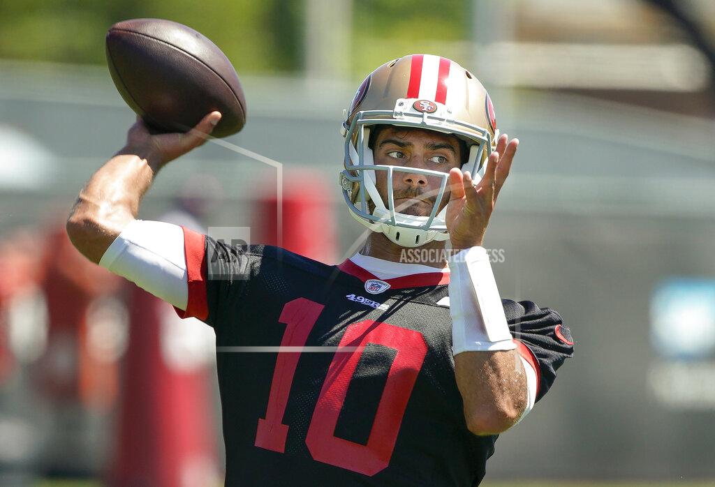 Tony Avelar San Francisco 49ers quarterback Jimmy Garoppolo throws a pass during a drill at the team's NFL football training facility in Santa Clara, Calif., Tuesday, June 10, 2019. (AP Photo/Tony Avelar)