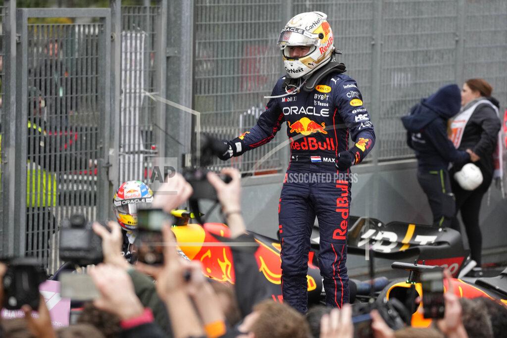 Luca Bruno Red Bull driver Max Verstappen of the Netherlands celebrates after winning the Emilia Romagna Formula One Grand Prix, at the Enzo and Dino Ferrari racetrack, in Imola, Italy, Sunday, April 24, 2022. (AP Photo/Luca Bruno)