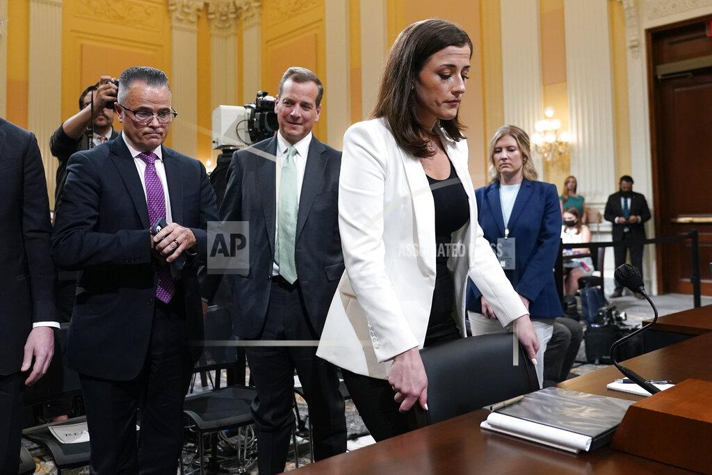 J. Scott Applewhite Cassidy Hutchinson, former aide to Trump White House chief of staff Mark Meadows, leaves after testifying as the House select committee investigating the Jan. 6 attack on the U.S. Capitol holds a hearing at the Capitol in Washington, Tuesday, June 28, 2022. (AP Photo/J. Scott Applewhite)