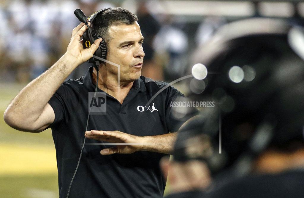 Thomas Boyd Oregon head coach Mario Cristobol, manages the sideline against UCLA during an NCAA college football game in Eugene, Ore., Saturday, Nov. 3, 2018 (AP Photo/Thomas Boyd)