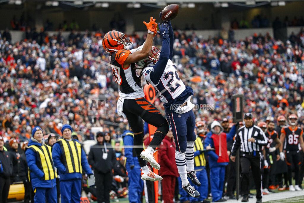 Frank Victores New England Patriots cornerback Stephon Gilmore (24) breaks up a pass to Cincinnati Bengals wide receiver Tyler Boyd (83) in the second half of an NFL football game, Sunday, Dec. 15, 2019, in Cincinnati. (AP Photo/Frank Victores)