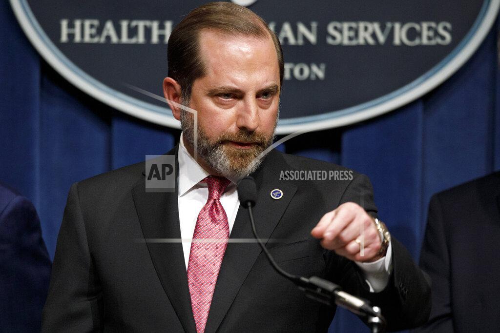 Jacquelyn Martin FILE - In this Feb. 7, 2020, file photo, Health and Human Services Secretary Alex Azar, who is also chairman of the President's Task Force on the Novel Coronavirus, speaks at the Health and Human Services headquarters in Washington. Azar will visit Taiwan in coming days in the highest-level visit by an American Cabinet official since the break in formal diplomatic relations between Washington and Taipei in 1979. (AP Photo/Jacquelyn Martin, File)