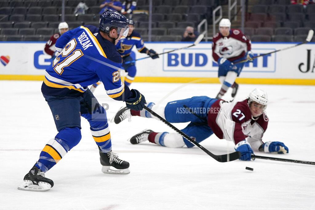 Jeff Roberson St. Louis Blues' Tyler Bozak (21) shoots as Colorado Avalanche's Ryan Graves (27) defends during the second period of an NHL hockey game Thursday, April 22, 2021, in St. Louis. (AP Photo/Jeff Roberson)