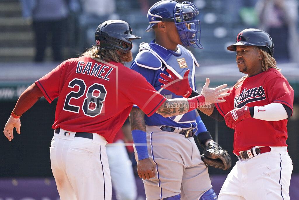 Tony Dejak Cleveland Indians' Jose Ramirez, right, is congratulated by Ben Gamel after Ramirez hit a two-run home run in the eighth inning of a baseball game, Wednesday, April 7, 2021, in Cleveland. The Indians won 4-2. (AP Photo/Tony Dejak)