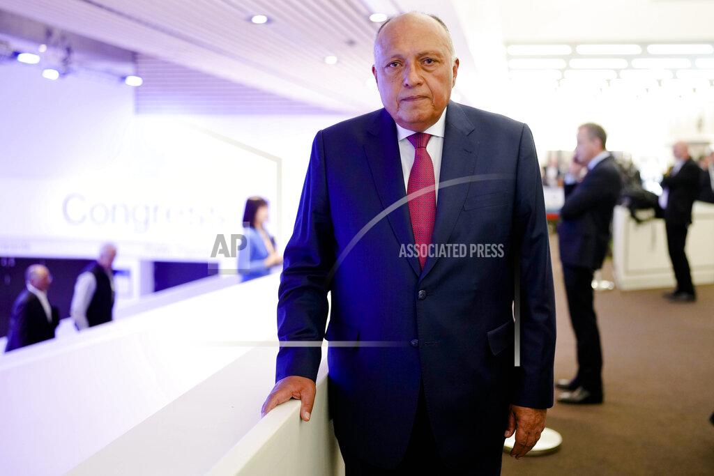 Markus Schreiber Egyptian Minister of Foreign Affairs Sameh Shoukry poses for media after an interview with the Associated Press at the World Economic Forum in Davos, Switzerland, Monday, May 23, 2022. The annual meeting of the World Economic Forum is taking place in Davos from May 22 until May 26, 2022. (AP Photo/Markus Schreiber)