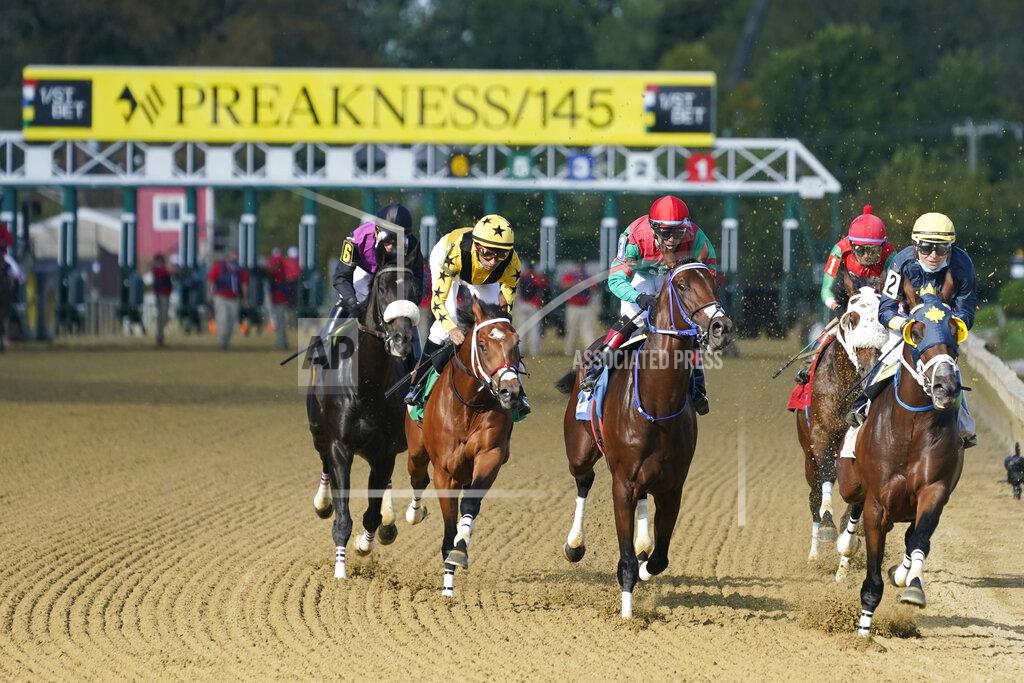 Steve Helber The field heads to the first turn during a horse race at Pimlico race track Friday, Oct. 2, 2020, in Baltimore, Md., ahead Saturday's Black-Eyed Susan and Preakness Stakes races. (AP Photo/Steve Helber)