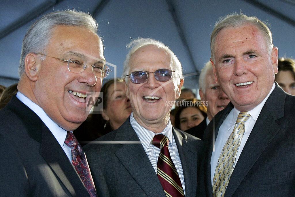 Elise Amendola FILE - In this Nov. 1, 2006, file photo, former Boston Mayors Thomas Menino, left, Kevin White, center, and Raymond Flynn pose together prior to the unveiling of a bronze statue bearing White's likeness in Boston. The three men occupied the Boston mayor's office from 1968–2014. Boston is facing a historic political pivot with the expected departure of Mayor Marty Walsh to become President Joe Biden's labor secretary. When Walsh leaves, the city will see the elevation of the first woman and first Black Bostonian to the mayor's office with City Council President Kim Janey stepping in on an interim basis. (AP Photo/Elise Amendola, File)