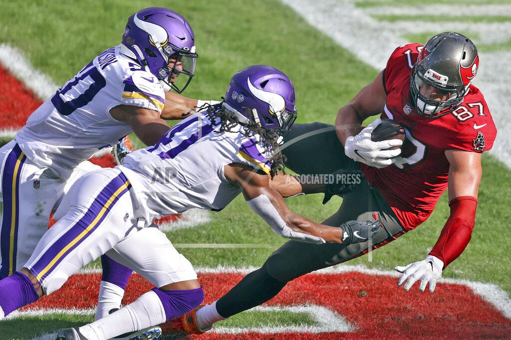 Mark Lomoglio Tampa Bay Buccaneers tight end Rob Gronkowski (87) pulls in a 2-yard touchdown pass from Tom Brady after getting past Minnesota Vikings outside linebacker Eric Wilson (50) and free safety Anthony Harris (41) during the second half of an NFL football game Sunday, Dec. 13, 2020, in Tampa, Fla. (AP Photo/Mark LoMoglio)