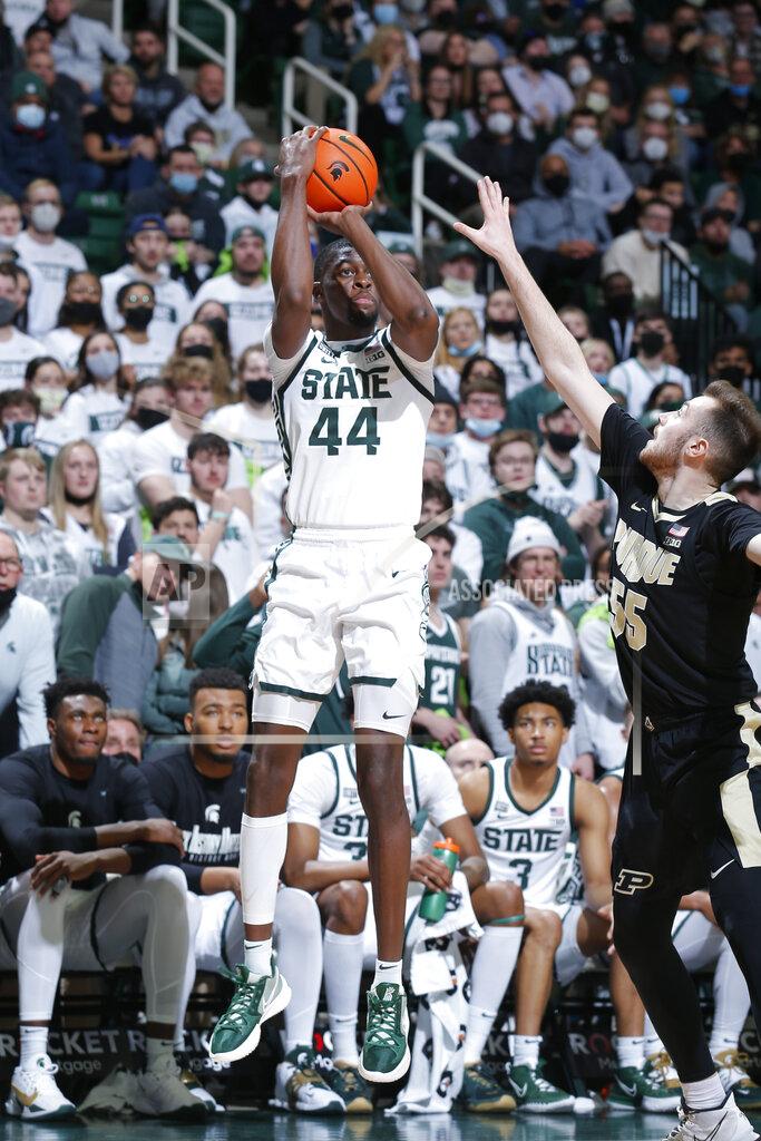 Al Goldis Michigan State's Gabe Brown (44) shoots against Purdue's Sasha Stefanovic during the second half of an NCAA college basketball game, Saturday, Feb. 26, 2022, in East Lansing, Mich. Michigan State won 68-65. (AP Photo/Al Goldis)