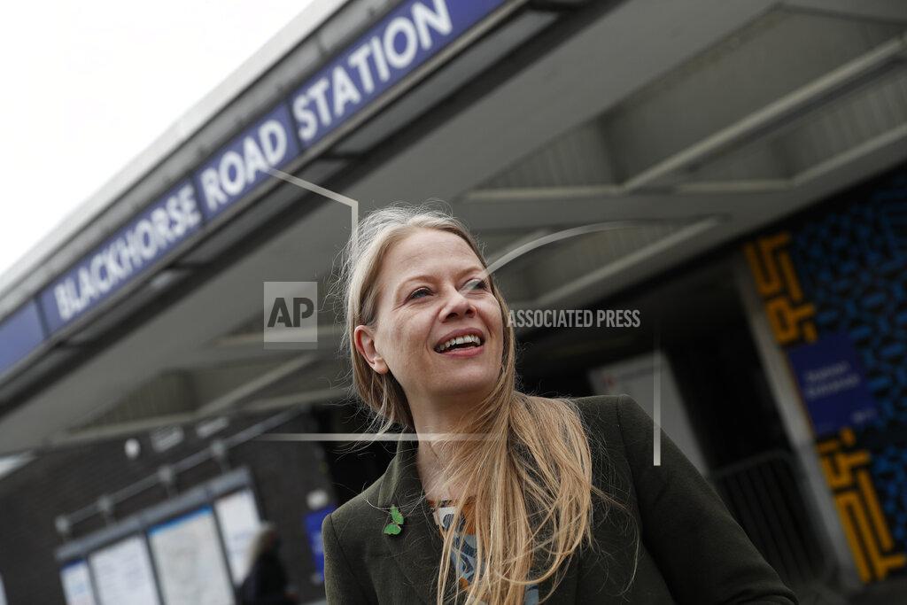 Alastair Grant The Green Party candidate for London mayor Sian Berry speaks to the media in north east London, Thursday, April 29, 2021, during a campaign stop for the election. Brexit and the coronavirus pandemic have hit London in a perfect storm. On May 6, Londoners will elect a mayor, whose performance will help determine whether this is the start of a period of decline for Europe's biggest city — or a chance to do things better. (AP Photo/Alastair Grant)
