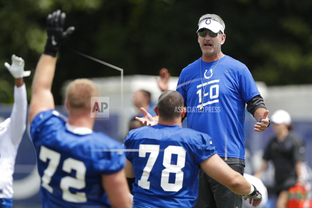 Michael Conroy Indianapolis Colts head coach Frank Reich talks with center Ryan Kelly (78) and offensive tackle Braden Smith (72) as they warm up during practice at the NFL team's football training camp in Westfield, Ind., Friday, July 26, 2019. (AP Photo/Michael Conroy)