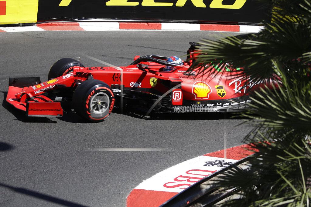 Luca Bruno Ferrari driver Charles Leclerc of Monaco steers his car during the second free practice for Sunday's Formula One race, at the Monaco racetrack, in Monaco, Thursday, May 20, 2021. (AP Photo/Luca Bruno)